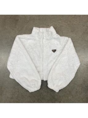Prada White Faux-Fur Zip Jacket with Logo Patch